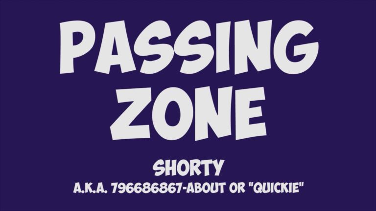 Passing Zone Shorty Quickie graphic. Text on purple background. - Passing Zone