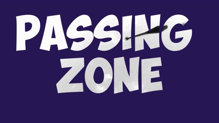 Passing Zone text with a baseball bat silhouette against a purple background. - Passing Zone