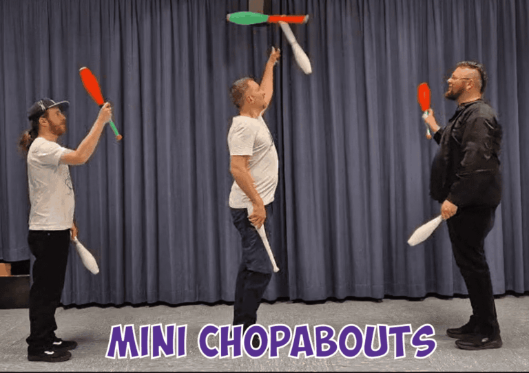 Three jugglers performing "Mini Chopabouts" with juggling clubs. - Passing Zone