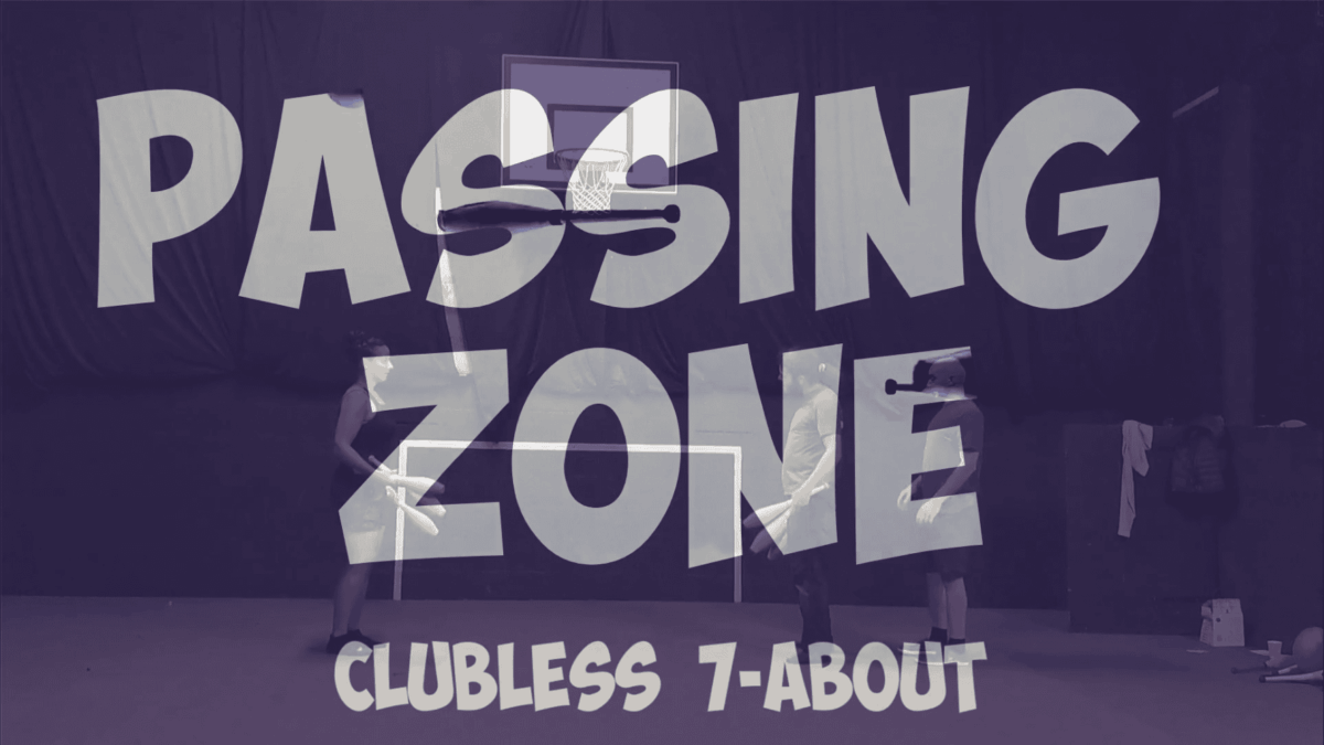 Three people juggling clubs with "Passing Zone Clubless 7-About" text overlayed. - Passing Zone