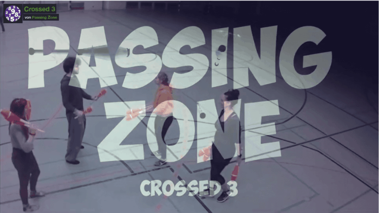 Four people juggling clubs in "Crossed 3" pattern. Passing Zone performance. - Passing Zone