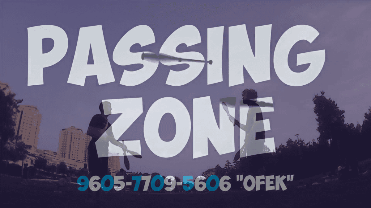 Juggling club passing with "PASSING ZONE" text overlay and 3-handed siteswap 9605-7709-5606. - Passing Zone