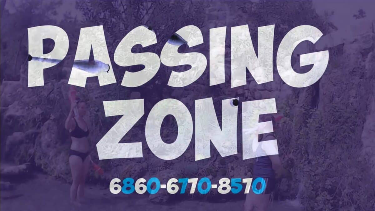 Text overlay "PASSING ZONE 6860-6770-8570" over a blurry background with two people in a stream. - Passing Zone