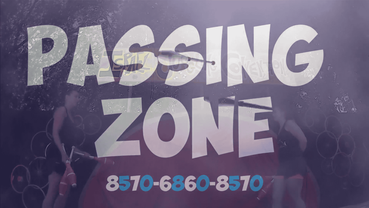 Passing Zone image with 3-handed siteswap 8570-6860-8570 displayed. Fitness theme. - Passing Zone