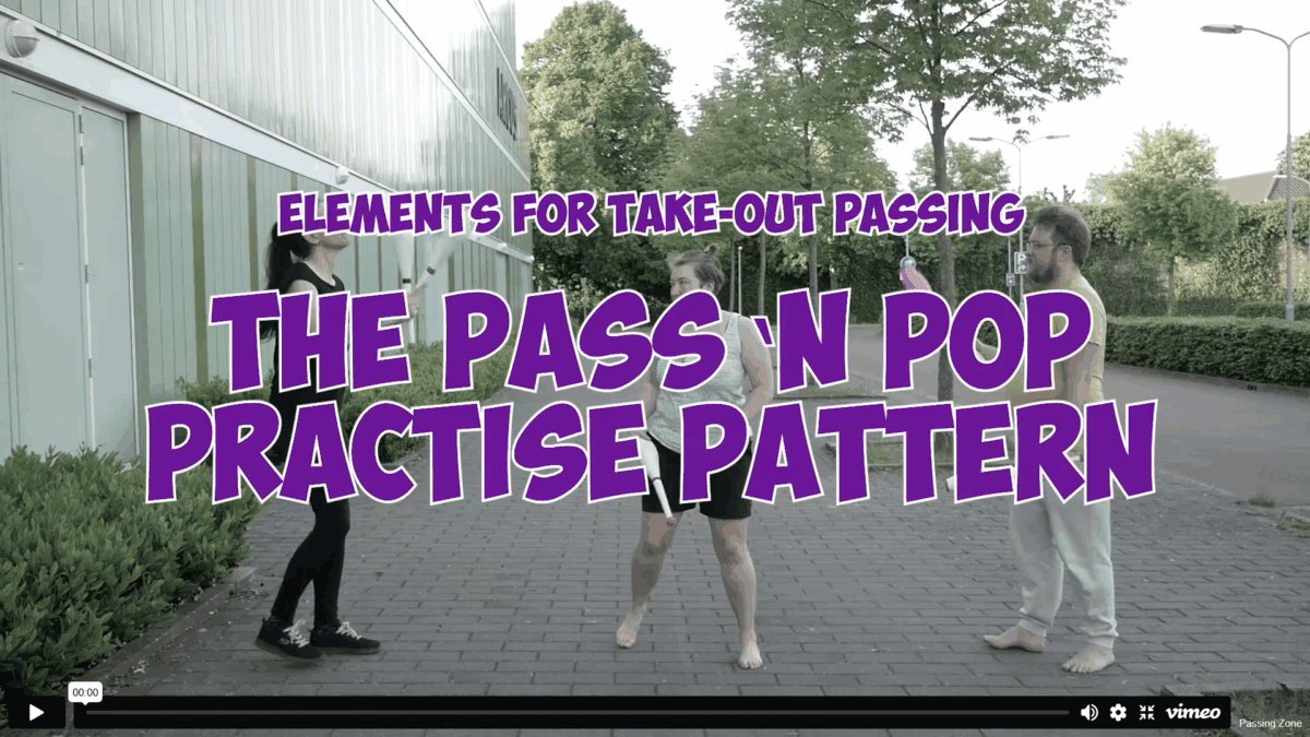 Three people juggling clubs outdoors, demonstrating the "Pass 'n Pop Practise Pattern" for a take-out passing workshop. - Passing Zone