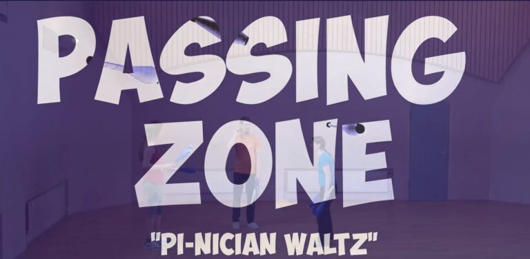 Passing Zone "Pi-nician Waltz" title card with three people holding props in a dance studio. - Passing Zone