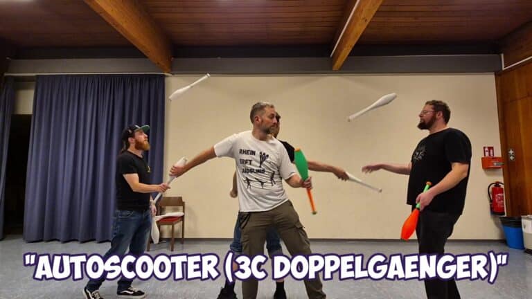 Three men juggling clubs, "Autoscooter (3C Doppelgaenger)" title on screen. - Passing Zone