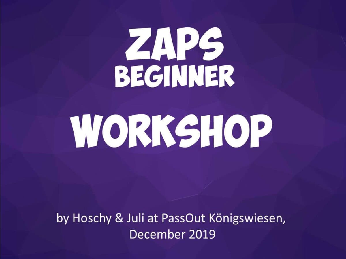 ZAPS Beginner Workshop poster, December 2019. Text: "ZAPS Beginner Workshop by Hoschy & Juli. - Passing Zone
