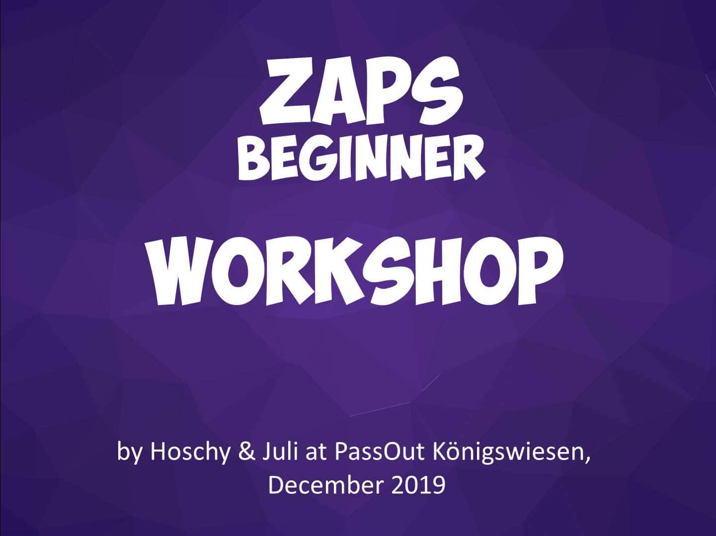 ZAPS Beginner Workshop poster, December 2019. Text: "ZAPS Beginner Workshop by Hoschy & Juli. - Passing Zone